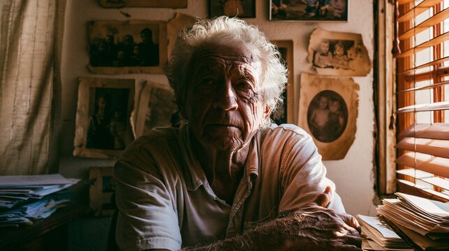 An older man in a simple shirt sits by a window, surrounded by faded family photos and desk papers, thoughtful mood, soft morning light, centered portrait composition.