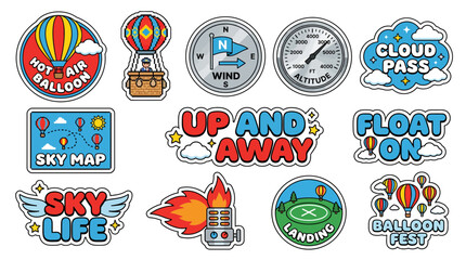Naklejka premium A vibrant y2k sticker pack featuring hot air balloons in an aesthetic sky with various travel and adventure-themed stickers.
