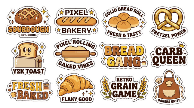 Aesthetic sticker pack featuring y2k bakery items with fresh bread rolls and pastries