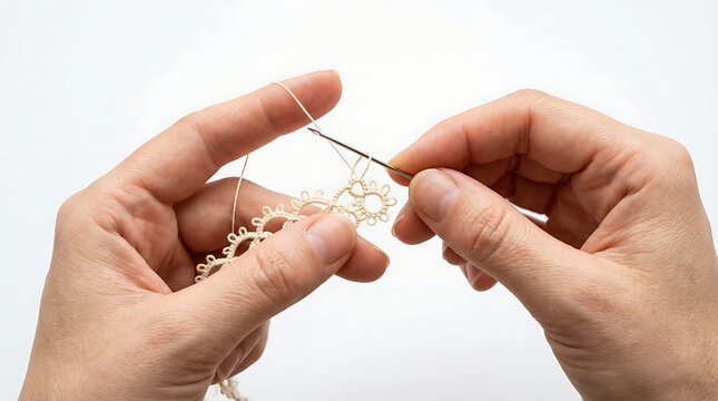 Close-up of hands tatting delicate white lace on an isolated white background, showcasing traditional needlecraft