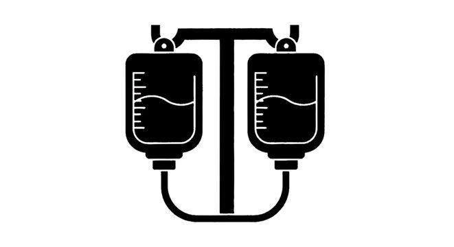 Minimal black silhouette icon, simple flat vector, bold black shape, no, no shading medical iv drip bags icon hanging on a stand on a, flat icon style