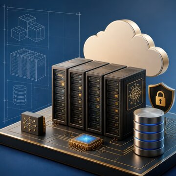 Cloud Computing Cybersecurity 3D Render with Servers and Data Protection