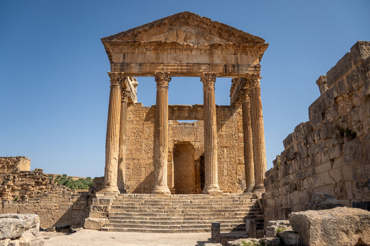 The Capitol in the Roman ruins of Dougga, in Northern Tunisia