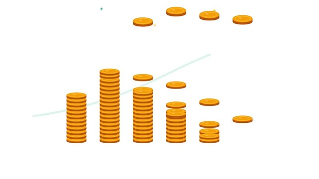 Golden coin stacks growing with arrow on a white background