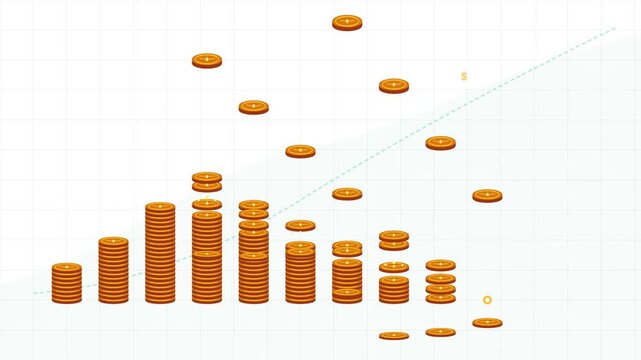 Financial graph animation with gold coin stacks and rising charts