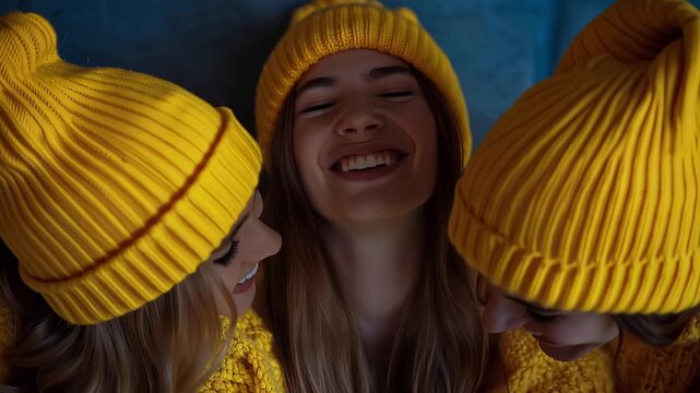 Three radiant young women sharing joyful moment while wearing matching bright yellow knit headwear and cozy sweaters during cheerful gathering in dimly lit indoor setting.
