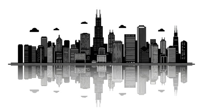 Minimal black silhouette icon, simple flat vector, bold black shape, no, no shading chicago city skyline silhouette with reflection on a, flat icon style