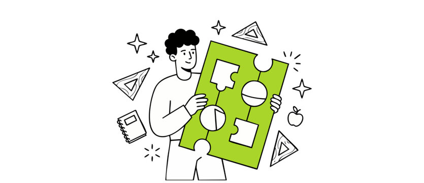 Creative designer building puzzle layout for project planning, education, and UI development. Minimal line art vector illustration of man solving logic problems, learning geometry, and engineering.