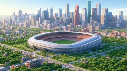 Naklejka premium Aerial view of a modern sports stadium in a lush city landscape