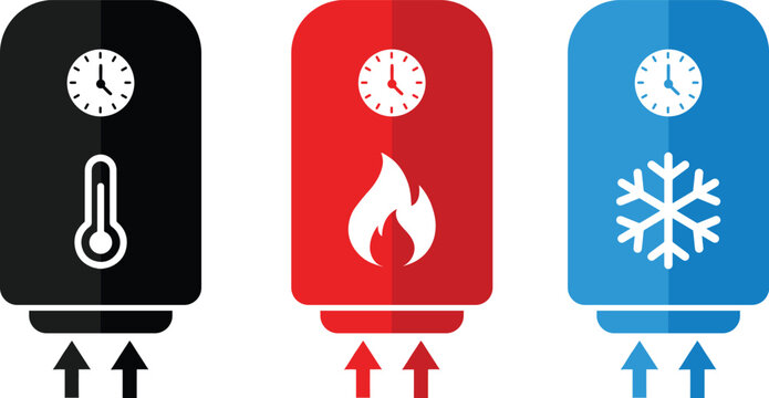 Water heaters flat vector illustration set, boiler for home hot water supply with temperature control and timer function.