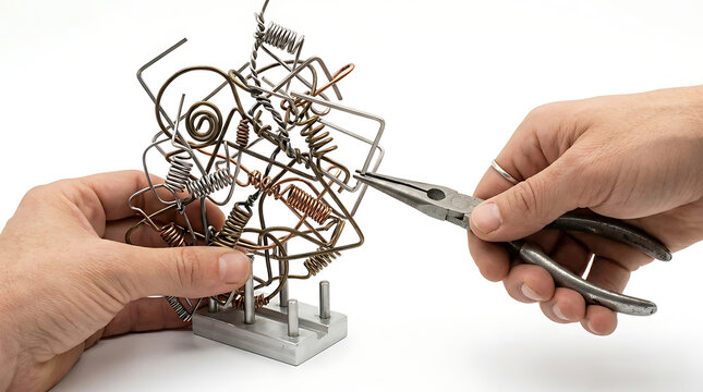 Isolated hands skillfully using pliers to create intricate wire and spring art on white
