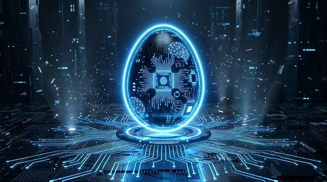 Futuristic Cybernetic Egg With Circuit Board Patterns And Brain Icon Representing Artificial Intelligence Genesis