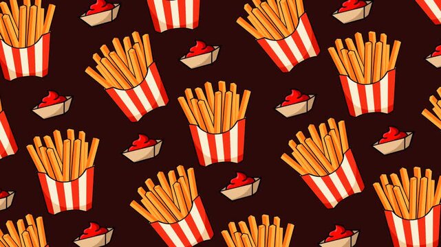 Seamless pattern featuring crispy French fries in striped cartons with ketchup dip on a dark background. Perfect for fast food promotions, restaurant branding, snack themes, menus, and food footage.