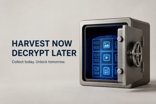 Cyber safe with glowing digital screen and harvest now decrypt later security concept
