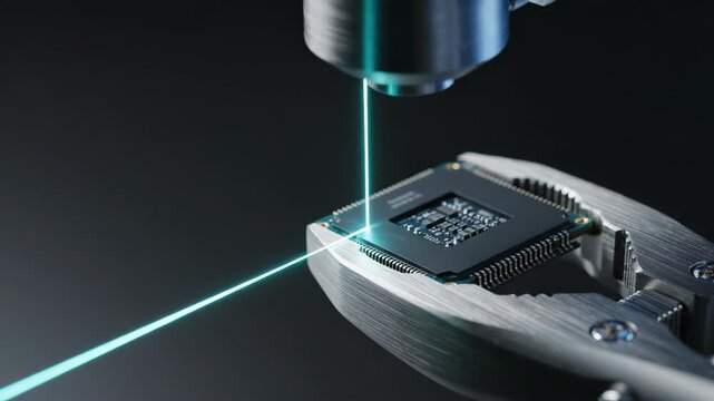 Laser cutting process on computer processor held by metal pliers. Industrial microchip manufacturing and precision engineering laser technology for electronics repair