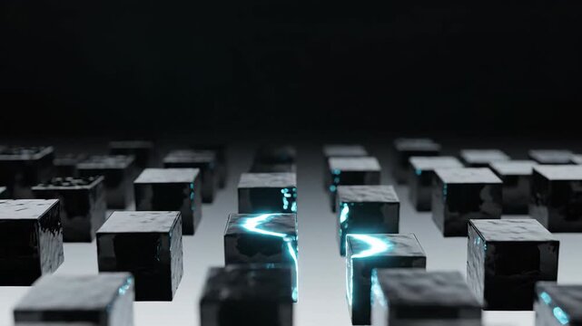 Grid of black blocks with single active glowing unit shifting position. 3d animation of dark cube structure showing digital data process or network connectivity