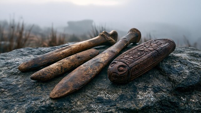 Weathered bone tools and carved implements rest on rough stone beside a misty moorland backdrop, evoking deep history without gore. Close-up still life composition, eerie overcast mood, soft diffused