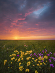 Fototapeta premium colorful wildflower meadow at sunset under dramatic pink sky landscape