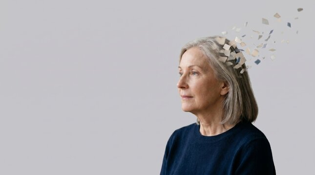 Mature woman suffering from memory loss. Concept of dementia, Alzheimer disease and cognitive decline. Mental health issue with disintegration of thoughts. Psychology and medical research.