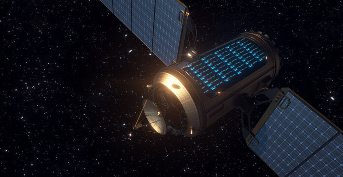 Satellite with servers training AI. CGI representation.