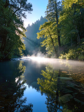 Misty Forest River at Sunrise with Sun Rays Through Lush Green Trees and Reflection in Calm Water