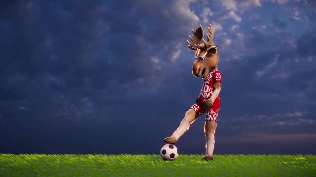 Funny moose goalkeeper warms up with a soccer ball on a grass field against a stunning sky background - 3D render