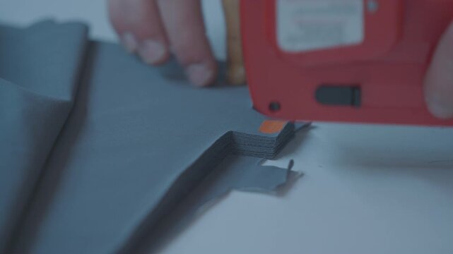 Close up of a worker using a red tagging gun to attach orange labels to a stack of cut gray fabric in a textile factory.
