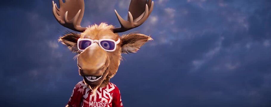 Funny moose goalkeeper warms up with a soccer ball on a grass field against a stunning sky background - 3D render