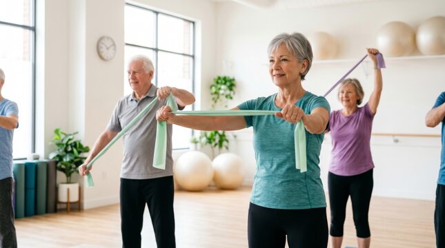 Group of senior woman and man using resistance band in fitness class. Elderly people doing physical exercise for health and mobility. Active lifestyle of retired group in gym studio.