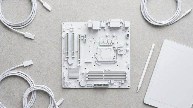 White computer motherboard with cables and tablet on a gray background