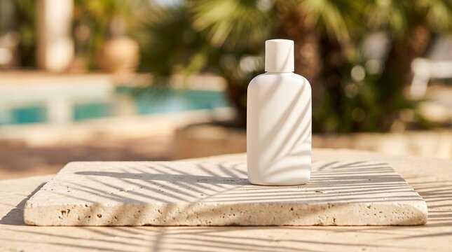White sunscreen bottle on stone slab with palm leaf shadows near pool