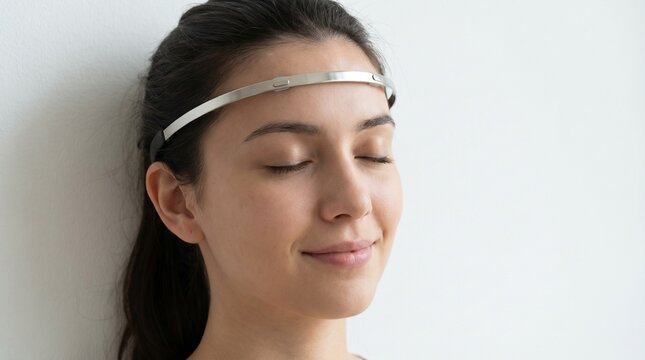 Woman wearing a futuristic headband with eyes closed in meditation