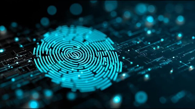 fingerprint on a black background social media innovative cyber security network, using interconnected nodes to represent business partnerships on the Smart digital Innovation city with connection net