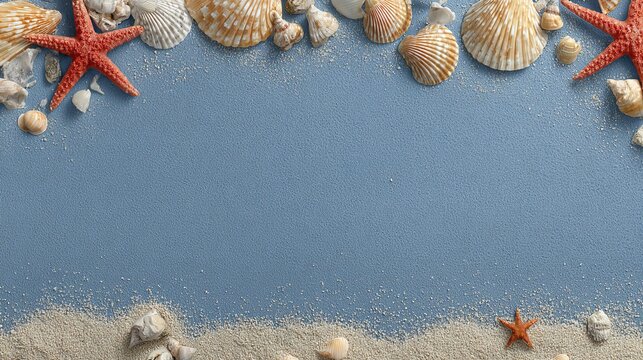 Beautiful collection of vibrant seashells and red starfish arranged on a textured blue background with realistic scattered beach sand border