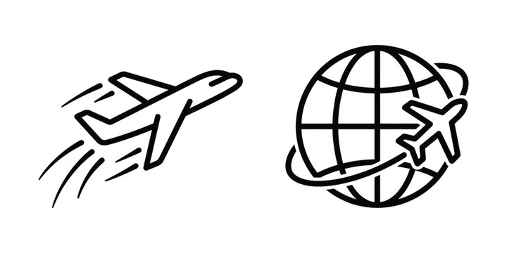 Travel and global aviation icons set featuring flying airplane and plane circling earth globe airplane aviation