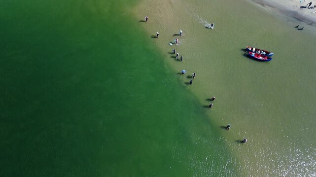 Fishing with dolphins, authentic fishing tradition in Brazil. Aerial view of the group of fishermen collaborating and fishing together with dolphins