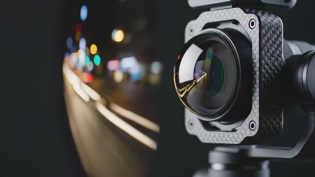 Carbon fiber gimbal camera capturing long exposure night city traffic. Professional videography gear recording motion blur light trails in urban environment