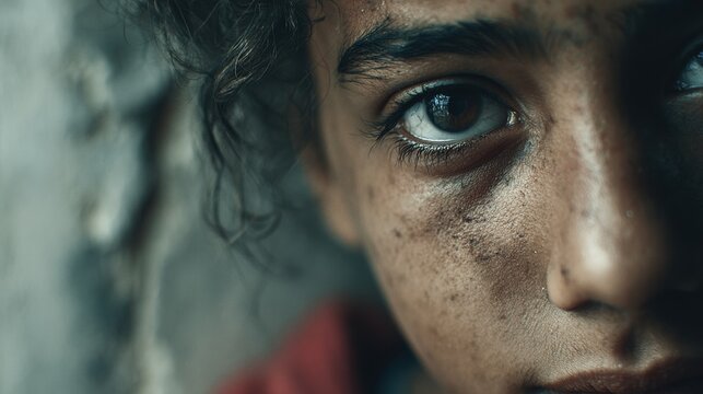 Arab girl with tearful eyes and dusty cheeks gazes at the camera, soft side lighting illuminating her face against a blurred background of damaged walls