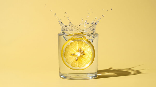 Fresh lemon slice dropping in glass of water, minimalist high-speed aesthetic, pastel yellow tones, representing clean hydration and refreshing citrus beverage, with copy space