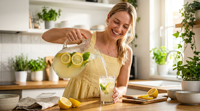 Smiling blonde woman with joyful mood pouring fresh homemade lemonade from glass pitcher into glass against bright sunny kitchen background
