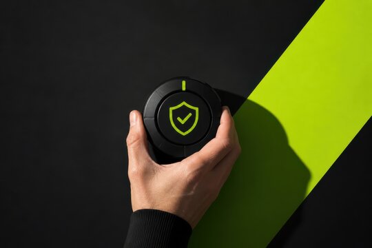 Cybersecurity token in hand with shield icon on black and neon green background