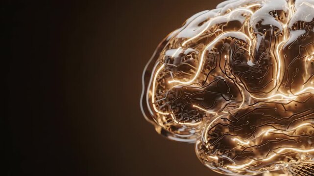 Digital brain model with glowing light pulses. Artificial intelligence concept showing electronic neural network activity. Futuristic data processing system unit