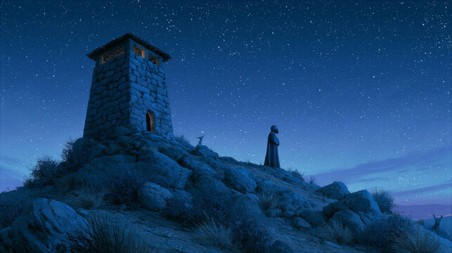 Habakkuk standing alone on a high stone watchtower, waiting for God's answer under a vast starry night sky