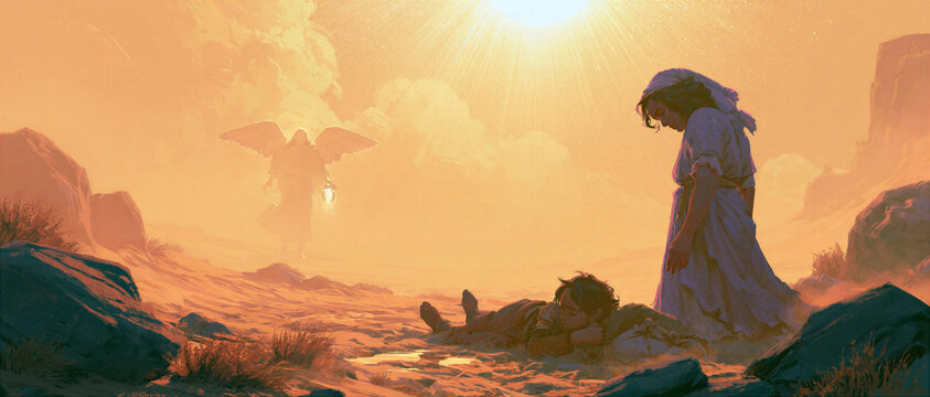 Hagar and Ishmael collapsing in the scorching desert, an angel appearing with a glowing skin of water, blinding sun