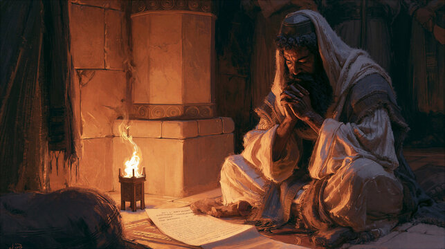 Hezekiah spreading a letter before God in the temple, intense prayer, photorealistic