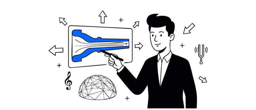 Venturi tube diagram science presentation showing fluid dynamics and airflow principles with a presenter pointing to the screen vector line art design, representing acoustic physics education concept.