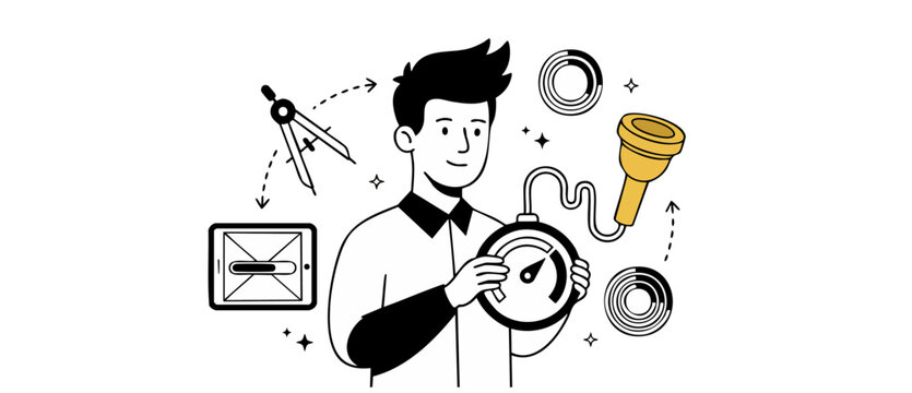 UX Designer Optimizing Page Speed and website performance metrics, holding a gauge meter and design tools in a vector illustration concept of diagnostic, usability, and technical SEO analysis.