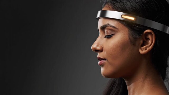 Woman wearing smart headband with glowing light. Electronic brain interface device for neurological monitoring. Innovative wearable technology for health tracking