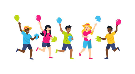 Fototapeta premium Children of diverse youth celebrate friendship with balloons in a sunny park