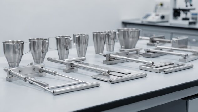 Medium shot of lab bench with viscosity cups and drawdown tools arranged for wet paint quality control testing in a controlled environment.